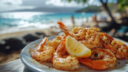 Wall Mural - Grilled shrimps with lemon on a plate by the beach