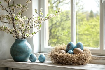 Wall Mural - easter eggs in nest and spring blossom branches in blue vase decorating window sill