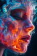 © stanhert - A digital artwork of a woman's face with a fiery, glowing, and flowing design, predominantly in shades of blue and orange