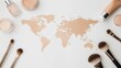 © Gencraffic - A world map created with makeup products, surrounded by various brushes and cosmetics, representing beauty and diversity in makeup.