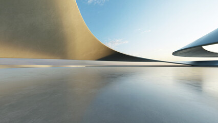 Poster - 3d render of white futuristic architecture, abstract wavy structure with empty concrete floor