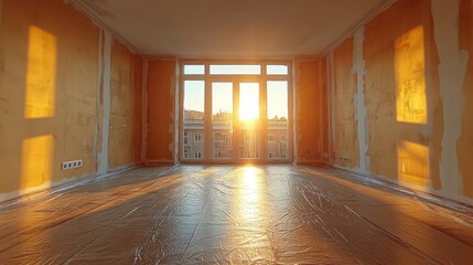 Aufkleber - A warm sunset fills an empty room with golden light, illuminating the walls. The space, under renovation, features large windows showcasing a city skyline.