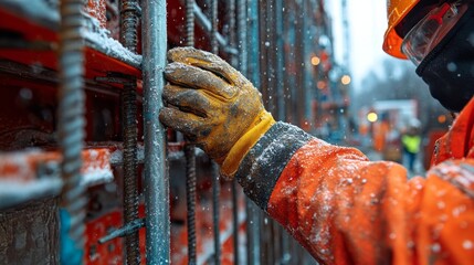 Poster - A construction worker wearing a bright orange jacket and gloves is carefully assembling scaffolding in a snowy environment. Snowflakes are visible on the worker's hand and gear.