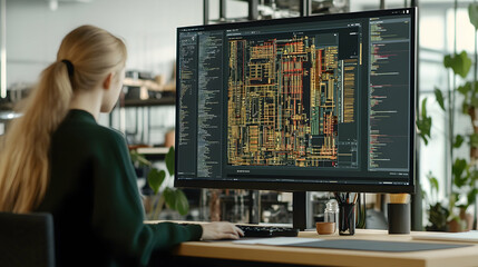 Woman programmer working on a computer with code on the screen.