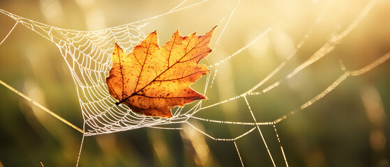 A single autumn leaf trapped in a spider web with morning dew.