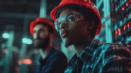 Two industrial workers in hard hats and safety glasses look up at a panel in an industrial setting.