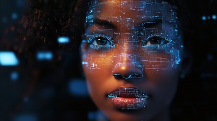Face recognition concept. Background with selective focus and copy space