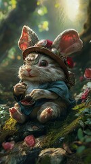 Sticker - Cute Fantasy Rabbit in a Forest Setting