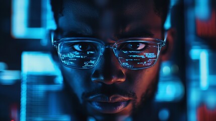 A person wearing glasses with a circuit design printed on the lenses, great for tech and innovation concepts.