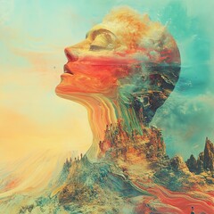 Surreal Landscape: Woman and Mountains in a Dreamlike World