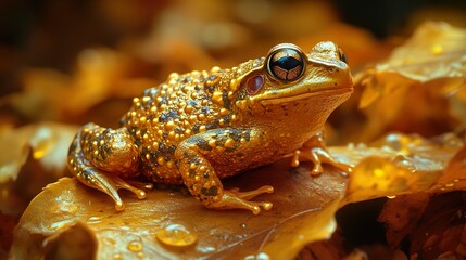 Canvas Print - Golden Frog on Leaves: A Close-Up Macro Photography