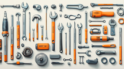 A collection of various tools such as hammers, wrenches, etc., with a white background