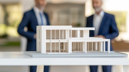 A modern architectural model displayed on a table, with two professionals discussing design concepts in the background.