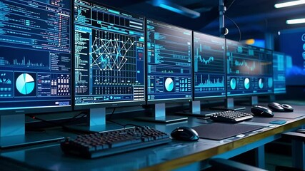 Multiple computer screens are displaying various data analysis charts and coding information in a network operations center. The image evokes concepts of safety, security and data protection