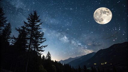 Dark sky with multiple stars twinkling against a bright full moon, night sky, darkness, astronomy