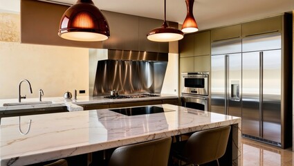 Gourmet Kitchen with Marble Countertops and Designer Lighting