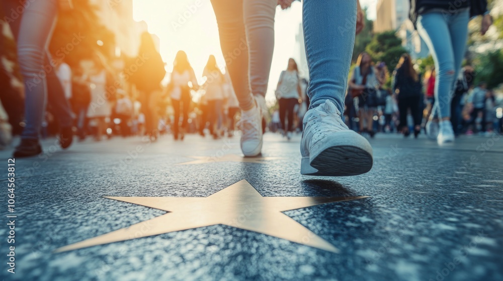 Walk of Fame Star Foot on Hollywood Star Tourist Walking on Pavement ...