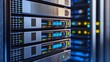 © lnwAI - Server unit with active LED indicators, sharp focus on front panel, soft blue gradient lighting, darkened background, illustrating modern, high-tech data solutions