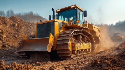 Aufkleber - A bulldozer is actively pushing large amounts of dirt at a construction site, surrounded by piles of earth while the sun sets in the background.