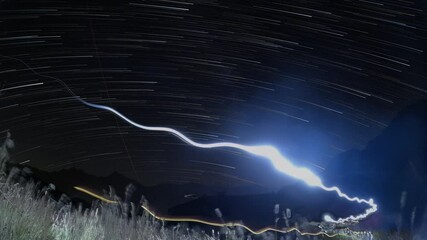 Wall Mural - star trails taken from the hill at night. - long exposure shot