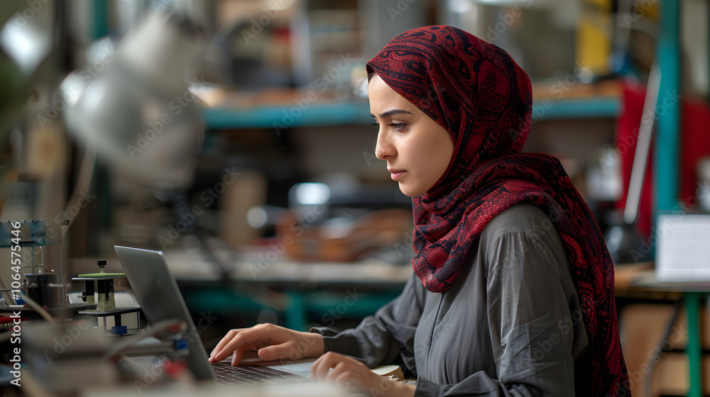 woman in a dark red hijab works intently on her laptop, likely ...
