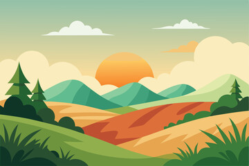 vector illustration in flat simple style with copy space for text, summer landscape with natural sce