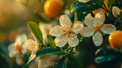 The summer foliage of a tropical garden with white blossoms