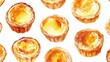 © pornsawan - Portuguese Custard Tart on white background,delicious egg tart (Pastel de Nata),Watercolor style illustration,Pastry Hand Drawn watercolor Idea for menu posters, postcards, cooking books.
