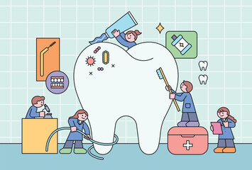 Wall Mural - Tiny dentist characters take care of big teeth. Cuttiny outline character illustration.