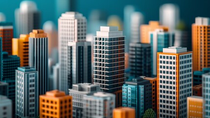  A vibrant cityscape model featuring various modern buildings with a mix of colors, showcasing urban architecture in a detailed miniature form.