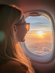 Canvas Print - A woman gazes out of an airplane window at a beautiful sunset above the clouds.