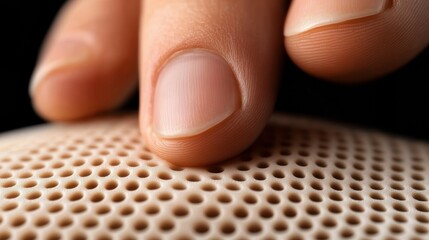 Wall Mural - Fingers gently touch a textured surface with small circular perforations, AI