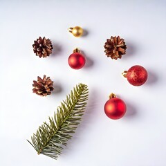 Wall Mural - Flat lay of Christmas ornaments, pine cones, and festive decorations arranged on a white background