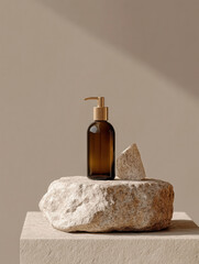 Poster - A minimalist display featuring a dark glass bottle and a stone on a textured surface.