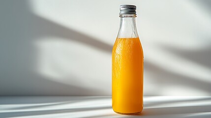 Wall Mural - Glass Bottle of Orange Juice with Sunlight Shadows