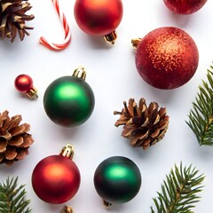 Wall Mural - Flat lay of various red and green Christmas decorations including candy canes and pine cones on a white background