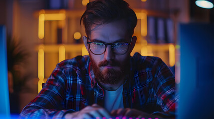 Focused programmer developing software and coding on a laptop. representation of tech expertise and the digital creation process