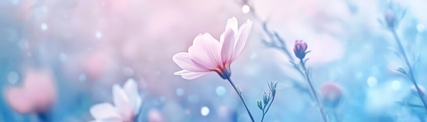 Wall Mural - A single pink flower in full bloom in the middle of serene open field