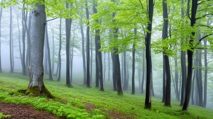 Wall Mural - Misty forest trees with green leaves, a serene and atmospheric natural landscape enveloped in fog