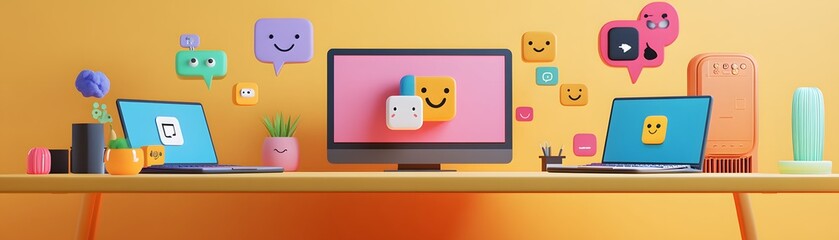 Colorful 3D Rendered Desktop with Emojis and Devices