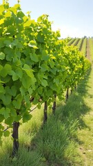 lush green vineyard bursting with new growth in the spring sunlight, nature, vines