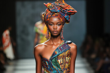 Canvas Print - A model showcases vibrant fashion with a colorful headwrap on a runway.