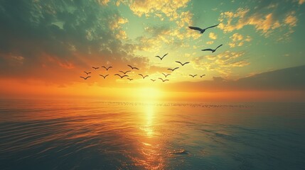 A vibrant sunset over a calm sea with a flock of birds flying across the sky.