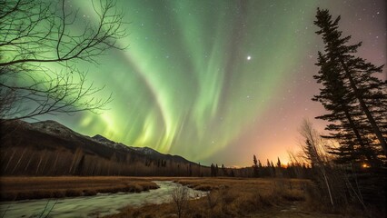 Wall Mural - Mysterious aurora borealis lights dance across a swirling abstract gold background, whirlpool, ethereal, abstract, nebula