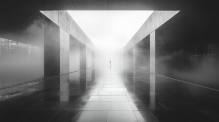 Wall Mural - A lone figure walks down a misty corridor lined with concrete pillars, the light at the end casting a hopeful glow.