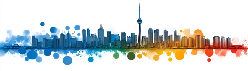 Toronto skyline watercolor painting, a vibrant and colorful depiction of canada's urban landscape