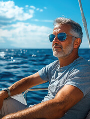 Poster - A man relaxes on a sailboat, enjoying the ocean view under a bright sky.