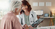 © peopleimages.com - Senior patient, brain scan or doctor with tablet for good news, research or medical diagnosis in hospital. Neurology advice, women or results on touchscreen for healthcare, MRI exam or test feedback