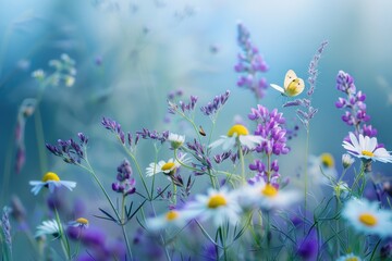 Wall Mural - close up macro of wild flowers in beautiful nature landscape.