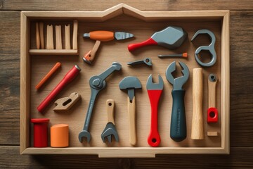 A neatly arranged wooden toolbox filled with colorful toy tools and accessories for imaginative play